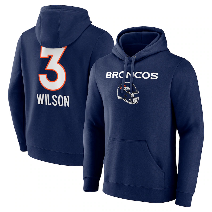 Men's Denver Broncos #3 Russell Wilson Navy Team Wordmark Name & Number Pullover Hoodie